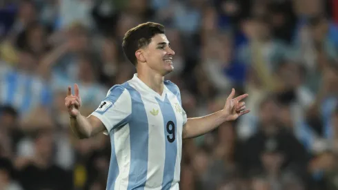 Julian Alvarez celebrates after scoring against Brazil