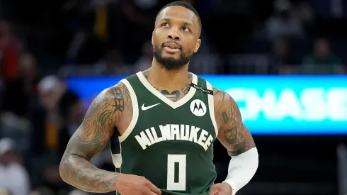 Damian Lillard #0 of the Milwaukee Bucks reacts untucking his jersey after the Golden State Warriors defeated the Bucks 104-93 at Chase Center on March 18, 2025 in San Francisco, California.