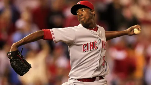 Aroldis Chapman #54 of the Cincinnati Reds pitches against the Philadelphia Phillies in game 2 of the NLDS at Citizens Bank Park on October 8, 2010.