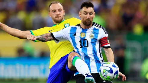 Lionel Messi playing with Argentina against Brazil.