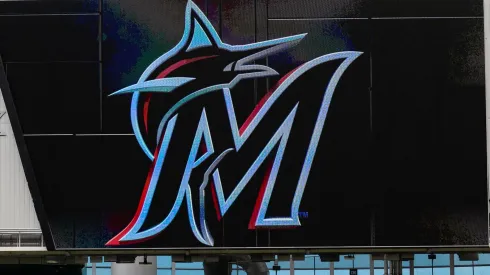 A general view of the new Marlins logo on the scoreboard at Marlins Park prior to the game between the Miami Marlins and the Colorado Rockies at Marlins Park on March 29, 2019 in Miami, Florida.