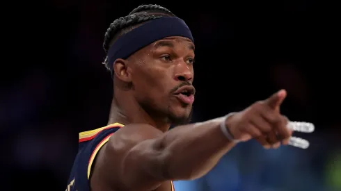 Jimmy Butler III #10 of the Golden State Warriors reacts in the second half against the New York Knicks at Madison Square Garden.