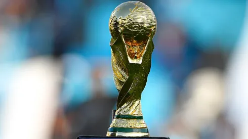 A FIFA World Cup Trophy replica is displayed as part of a tribute of Liga Profesional de Fútbol to the Argentine national team for winning the FIFA World Cup 2022.