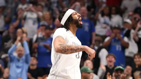 Anthony Davis #3 of the Dallas Mavericks reacts after a play against the Houston Rockets during the first quarter