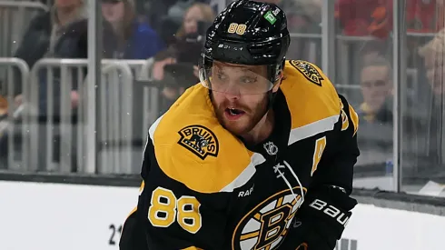 David Pastrnak #88 of the Boston Bruins skates against the Ottawa Senators during the first period at TD Garden on January 23, 2025 in Boston, Massachusetts.