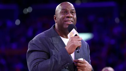 Magic Johnson speaks to the fans during the jersey retirement of Michael Cooper during halftime of the game between the Los Angeles Lakers and the San Antonio Spurs at Crypto.com Arena on January 13, 2025 in Los Angeles, California.