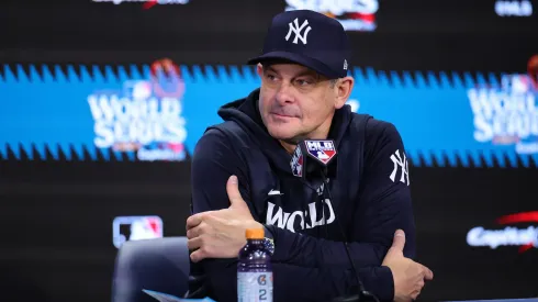 Manager Aaron Boone #17 of the New York Yankees talks to the media after the Los Angeles Dodgers defeated the New York Yankees 7-6 in game 5 to win the 2024 World Series at Yankee Stadium on October 30, 2024 in the Bronx borough of New York City.