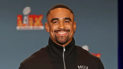 Jalen Hurts #1 of the Philadelphia Eagles, the MVP of Super Bowl LIX, holds the MVP Trophy during the Host Committee Handoff Press Conference at the Ernest N. Morial Convention Center on February 10, 2025 in New Orleans, Louisiana.