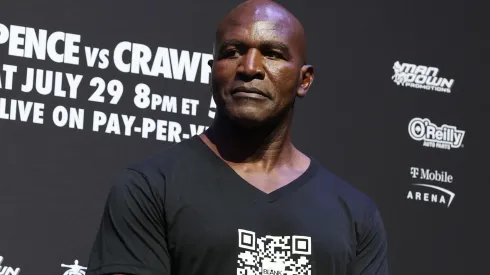 Evander Holyfield looks on during the official weigh-in for Terence Crawford and Errol Spence Jr. T-Mobile Arena on July 28, 2023. Spence Jr. and Crawford will fight for the undisputed world welterweight championship at T-Mobile Arena in Las Vegas on July 29.
