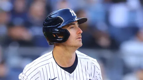 Cody Bellinger #35 of the New York Yankees reacts after making a hit in the seventh inning against the Milwaukee Brewers on Opening Day at Yankee Stadium on March 27, 2025 in New York City.