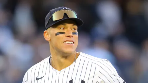 Aaron Judge #99 of the New York Yankees reacts after defeating the Milwaukee Brewers on Opening Day at Yankee Stadium on March 27, 2025 in New York City.
