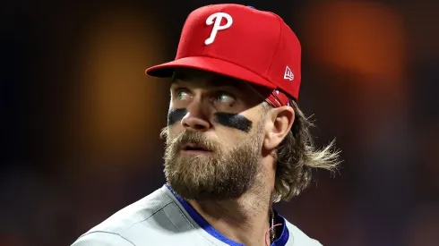 Bryce Harper #3 of the Philadelphia Phillies in action against the New York Mets in Game Three of the Division Series at Citi Field on October 08, 2024 in the Queens borough of New York City.