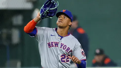 Juan Soto #22 of the New York Mets catches a fly ball hit by Brendan Rodgers (not pictured) of the Houston Astros during the sixth inning on Opening Day at Daikin Park on March 27, 2025 in Houston, Texas.