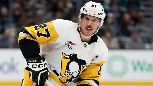 idney Crosby #87 of the Pittsburgh Penguins skates against the Pittsburgh Penguins during the third period at Climate Pledge Arena on January 25, 2025 in Seattle, Washington.