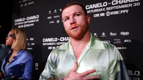Canelo Alvarez speaks to media during a press conference to preview their September 30 super middleweight undisputed championship fight against Jermell Charlo at Palladium Times Square on August 15, 2023 in New York City.