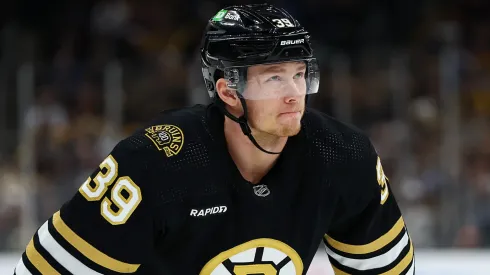 Morgan Geekie #39 of the Boston Bruins looks on during the first period against the Edmonton Oilers at TD Garden on March 05, 2024 in Boston, Massachusetts.