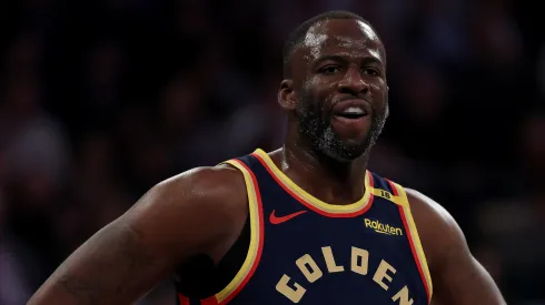 Draymond Green #23 of the Golden State Warriors reacts in the first half against the New York Knicks at Madison Square Garden.