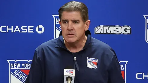 Head coach Peter Laviolette of the New York Rangers speaks with the media prior to the game against the New York Islanders at Madison Square Garden on March 17, 2024 in New York City.