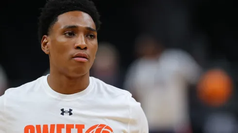 Tahaad Pettiford #0 of the Auburn Tigers works out during a practice session ahead of the Sweet Sixteen in the South Regional of the NCAA men's basketball tournament at State Farm Arena on March 27, 2025 in Atlanta, Georgia.