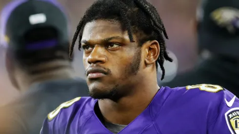 Lamar Jackson #8 of the Baltimore Ravens reacts on from the sideline during the first half against the Tennessee Titans in the AFC Divisional Playoff game at M&T Bank Stadium on January 11, 2020 in Baltimore, Maryland.