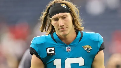 Trevor Lawrence #16 of the Jacksonville Jaguars reacts after the game against the Houston Texans at NRG Stadium on September 12, 2021 in Houston, Texas.