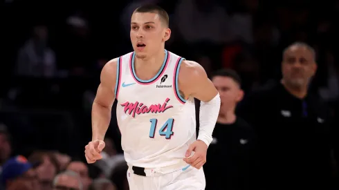 Tyler Herro #14 of the Miami Heat celebrates his shot in the first quarter against the New York Knicks at Madison Square Garden on March 17, 2025 in New York City.