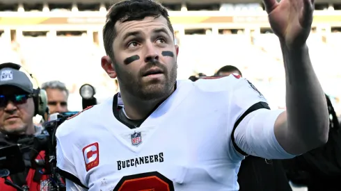 Baker Mayfield #6 of the Tampa Bay Buccaneers waves to fans after the game against the Carolina Panthers at Bank of America Stadium on January 07, 2024 in Charlotte, North Carolina.