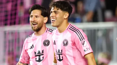 Lionel Messi #10 of Inter Miami CF celebrates the team's first goal scored by Tomás Aviles #6 of Inter Miami CF (not in frame) during the MLS match between Inter Miami CF and New York City FC at Chase Stadium on February 22, 2025 in Fort Lauderdale, Florida.