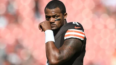 Deshaun Watson #4 of the Cleveland Browns looks on during warmups before a game against the Cincinnati Bengals at Huntington Bank Field on October 20, 2024 in Cleveland, Ohio.