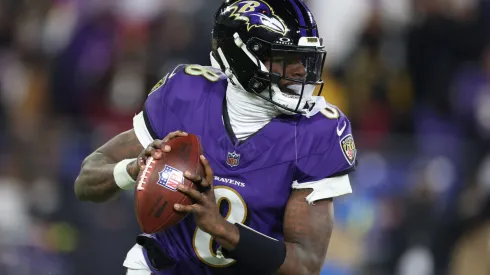 Lamar Jackson #8 of the Baltimore Ravens steps back to pass during the third quarter against the Pittsburgh Steelers during the AFC Wild Card Playoff at M&T Bank Stadium on January 11, 2025 in Baltimore, Maryland.