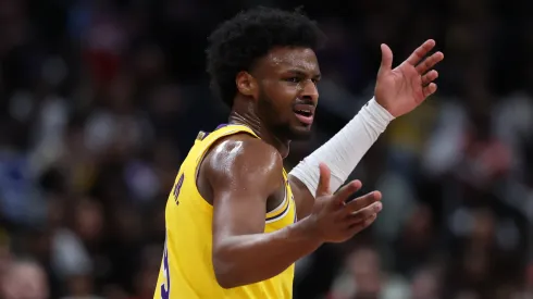Bronny James #9 of the Los Angeles Lakers reacts against the Washington Wizards during the second half at Capital One Arena on January 30, 2025 in Washington, DC.