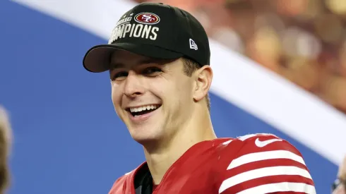 Brock Purdy #13 of the San Francisco 49ers reacts after defeating the Detroit Lions 34-31 in the NFC Championship Game at Levi's Stadium on January 28, 2024 in Santa Clara, California.