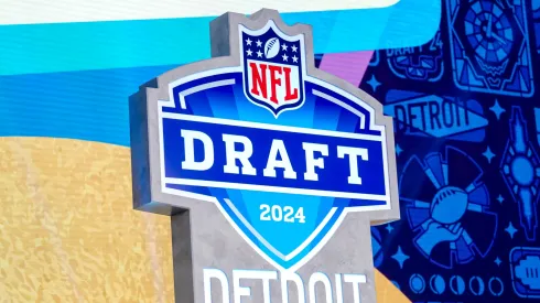A detail of the NFL logo for the 2024 NFL draft during round four of the 2024 NFL draft at Campus Martius Park and Hart Plaza on April 27, 2024.