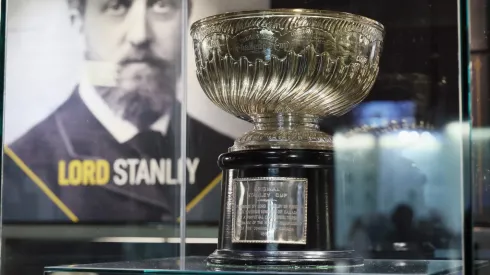 A general view of the original Stanley Cup in the Great Hall during a media availability at the Hockey Hall Of Fame on November 08, 2024.