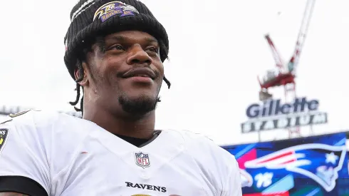 Lamar Jackson #8 of the Baltimore Ravens reacts after the game against the New England Patriots at Gillette Stadium on September 25, 2022 in Foxborough, Massachusetts.