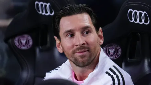Lionel Messi of Inter Miami looks on from the bench prior match vs Philadelphia Union
