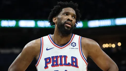 Joel Embiid #21 of the Philadelphia 76ers walks backcourt during a game against the Milwaukee Bucks at Fiserv Forum.