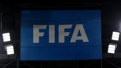 View of the FIFA logo on a flag during the FIFA World Cup Qatar 2022 Group F match between Canada and Morocco at Al Thumama Stadium on December 01, 2022.