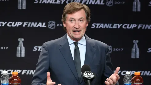 Hockey player Wayne Gretzky attends the Stanley Cup Finals Game 4 Nashville Predators Vs. Pittsburgh Penguins at Bridgestone Arena at Bridgestone Arena on June 5, 2017 in Nashville, Tennessee.
