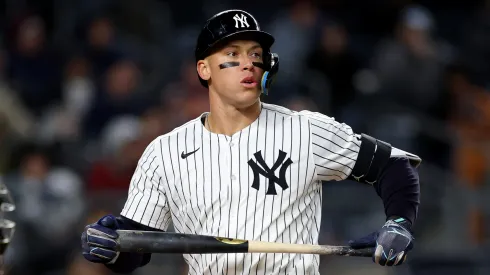 Aaron Judge #99 of the New York Yankees reacts after striking out to end the sixth inning against the Arizona Diamondbacks at Yankee Stadium on April 02, 2025 in the Bronx borough of New York City.