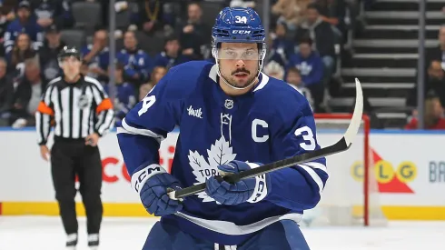 Auston Matthews #34 of the Toronto Maple Leafs skates against the Carolina Hurricanes during the first period in an NHL game at Scotiabank Arena on February 22, 2025 in Toronto, Ontario, Canada.