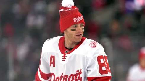Patrick Kane #88 of the Detroit Red Wings warms up prior to the 2025 NHL Stadium Series against the Columbus Blue Jackets at Ohio Stadium on March 01, 2025 in Columbus, Ohio.