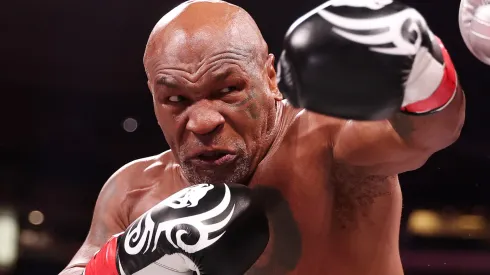 Mike Tyson in action against Jake Paul during LIVE On Netflix: Jake Paul vs. Mike Tyson at AT&T Stadium on November 15, 2024 in Arlington, Texas.