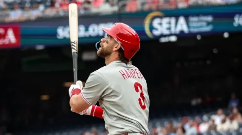 Bryce Harper #3 of the Philadelphia Phillies hits a foul ball against the Washington Nationals in the first inning at Nationals Park on March 29, 2025 in Washington, DC.