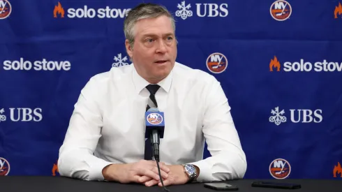 Head coach of the New York Islanders Patrick Roy speak with the media prior to the game against the Winnipeg Jets at UBS Arena on March 04, 2025 in Elmont, New York.