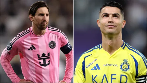 Lionel Messi during a match with Inter Miami and Cristiano Ronaldo reacts during a game with Al Nassr.