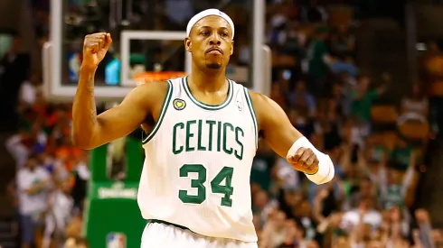 Paul Pierce #34 of the Boston Celtics celebrates after making a shot at the end of the second quarter against the New York Knicks during Game Four of the Eastern Conference Quarterfinals of the 2013 NBA Playoffs on April 28, 2013 at TD Garden in Boston, Massachusetts.