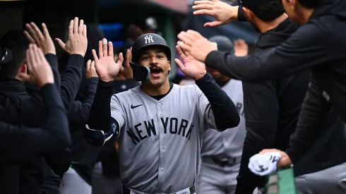 Trent Grisham #12 of the New York Yankees celebrates with teammates in the dugout after hitting a three run home run in the fifth inning during the game against the Pittsburgh Pirates at PNC Park on April 5, 2025 in Pittsburgh, Pennsylvania.