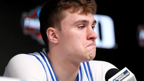 Cooper Flagg #2 of the Duke Blue Devils reacts during a press conference after the Final Four game against the Houston Cougars inf the NCAA Men's Basketball Tournament at the Alamodome on April 05, 2025 in San Antonio, Texas.