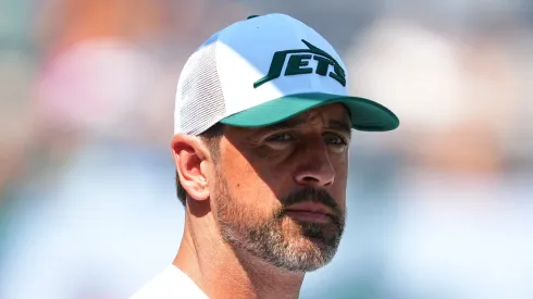 Aaron Rodgers looks on prior to the preseason game against the Washington Commanders at MetLife Stadium on August 10, 2024 in East Rutherford, New Jersey.